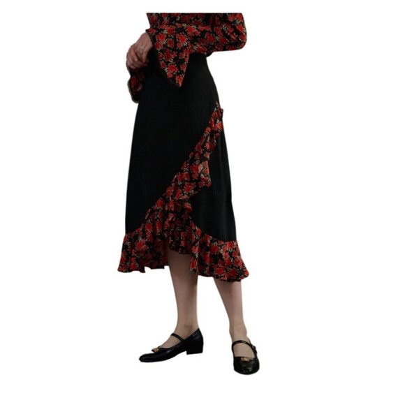 Simple Retro Y2K Floral Midi Skirt Sz L Ruffle Fairy Coquette Asymmetrical‎ Hem - Picture 4 of 10